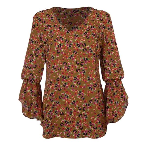 Cabi Blouse Burnished V-neck Bell Sleeve Brown Pink Floral Women’s Size Large - Picture 14 of 14